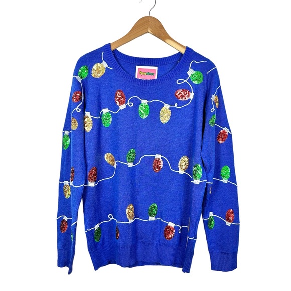 Tipsy Elves Sweaters Tipsy Elves Blue Sequin Holiday Lights Ugly